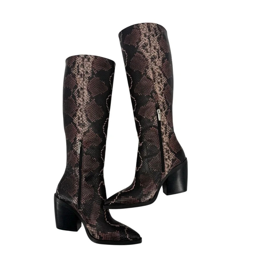 Vince Camuto Gravana Snake Print Knee High Boots Size 7.5 Brown Pointed Toe New
